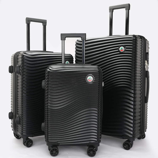 Set 3 trolley rigidi in ABS lucido visti frontalmente, eleganti e resistenti