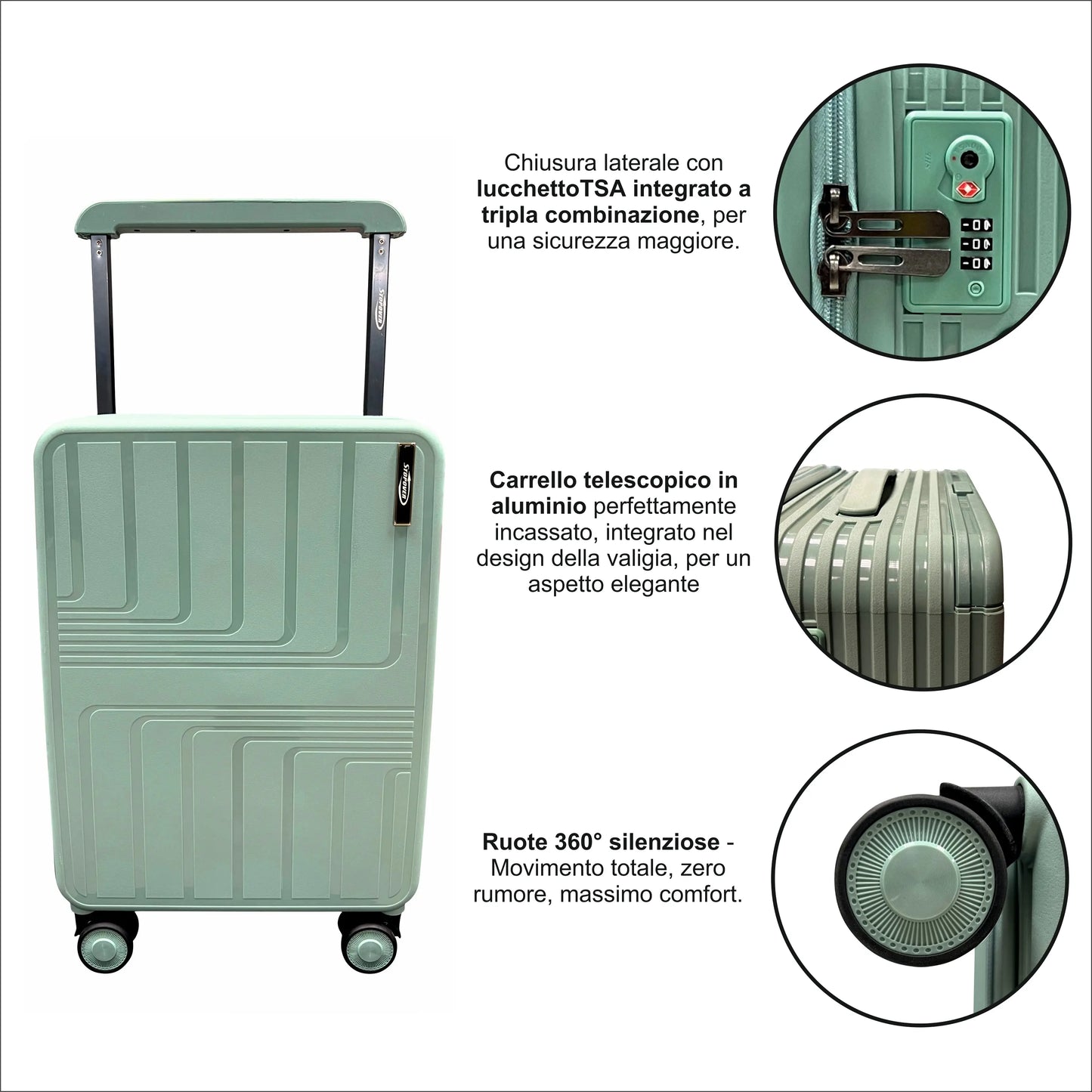 Set di tre trolley rigidi Stopover con sicurezza antifurto, manico in alluminio e ruote silent girevoli