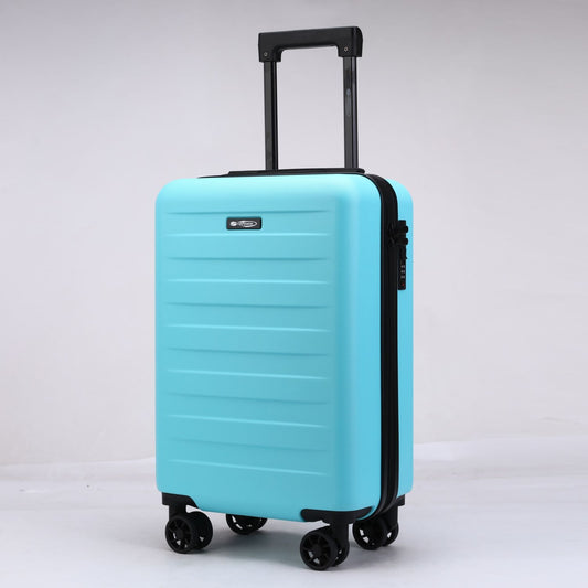 Trolley bagaglio a mano azzurro ciano con 4 ruote girevoli a 360 gradi, modello rigido in ABS