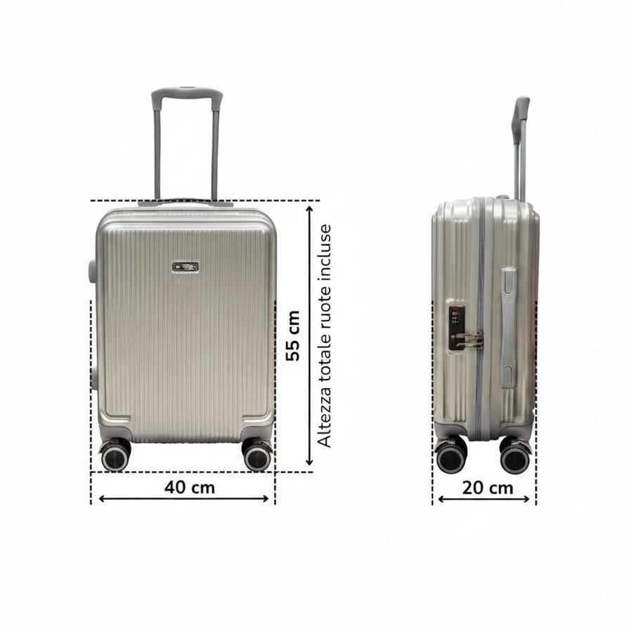 Dimensioni trolley cabina 55x40x20 cm con ruote incluse, vista frontale e laterale