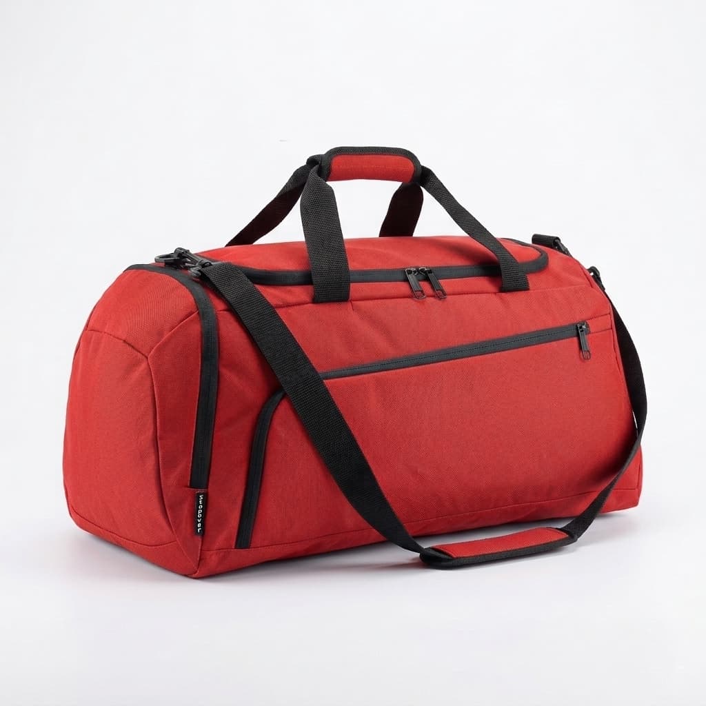 borsone sportivo rosso in poliestere 600D con tracolla e tasche laterali