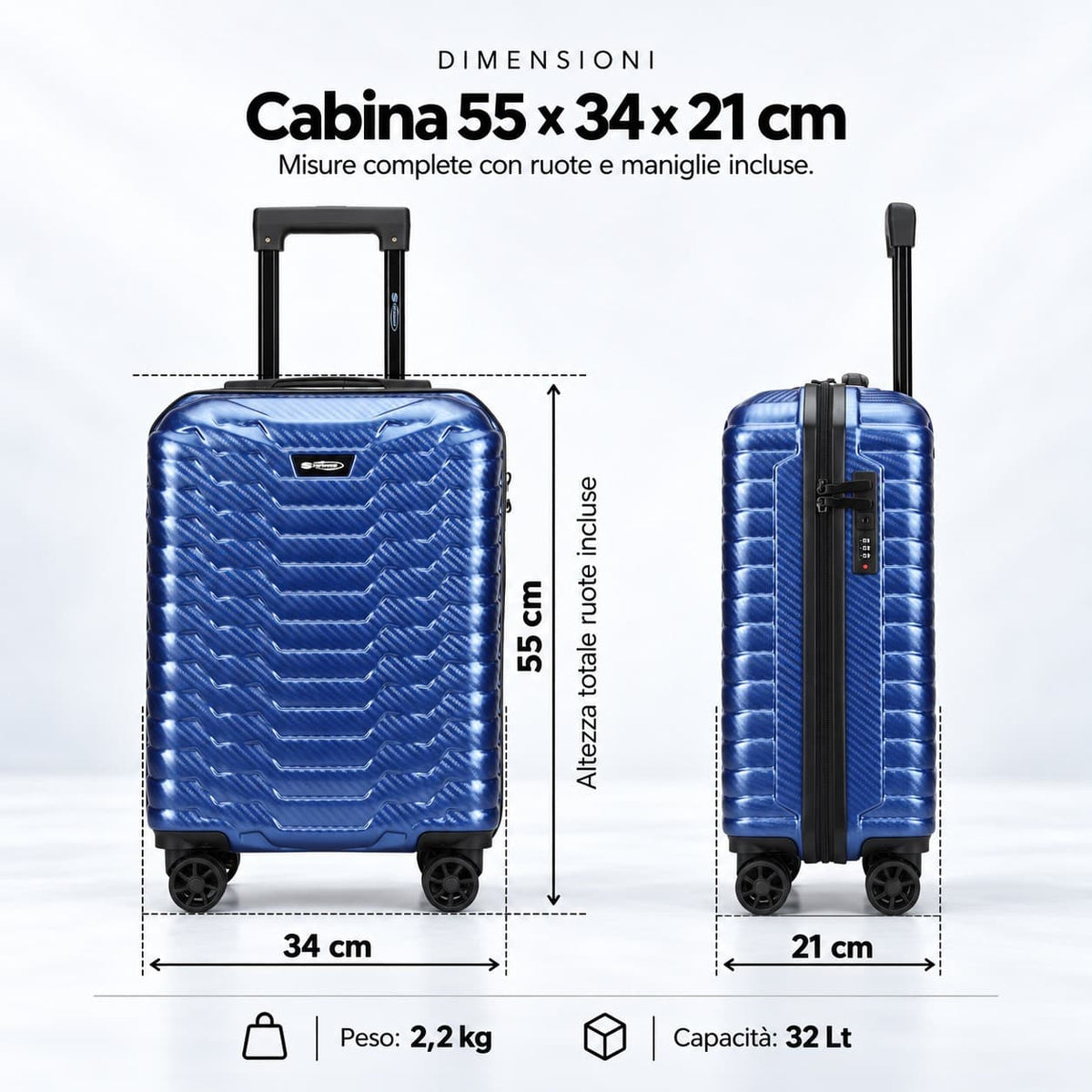 Trolley cabina Voyager Stopover blu, vista frontale e laterale con dimensioni 55x34x21 cm, peso 2,2 kg e capacità 32 litri