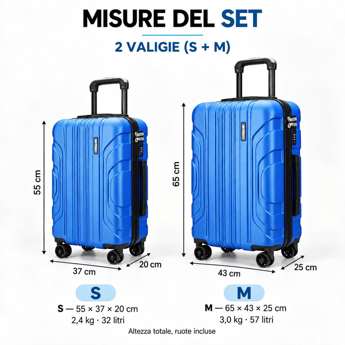 Set 2 trolley rigidi Duo Urban blu: valigia S 55×37×20 cm, 32 L e valigia M 65×43×25 cm, 57 L
