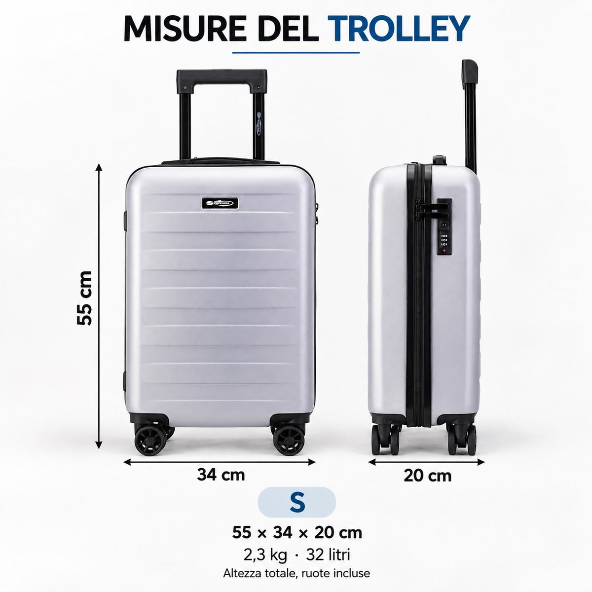 Trolley cabina Stopover argento, vista frontale e laterale con dimensioni 55x34x20 cm, peso 2,3 kg e capacità 32 litri