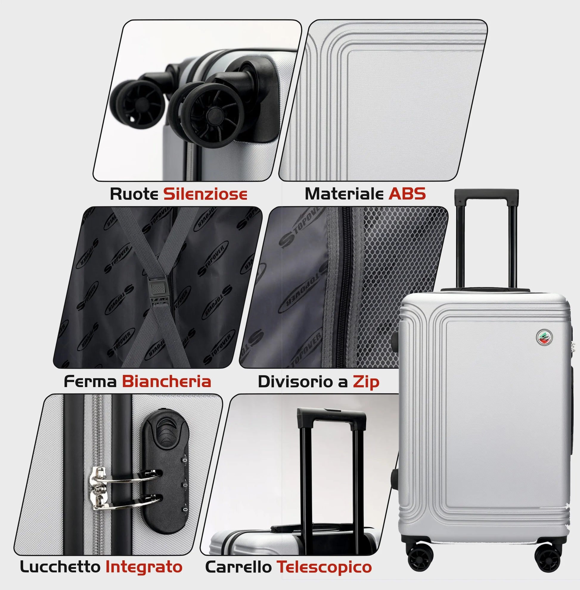Interno foderato del set trolley Stopover in ABS con divisorio, elastici e piedini protettivi per viaggi ordinati e sicuri.