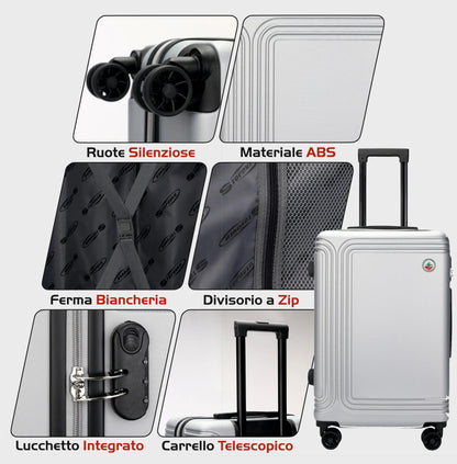 Interno foderato del set trolley Stopover in ABS con divisorio, elastici e piedini protettivi per viaggi ordinati e sicuri.