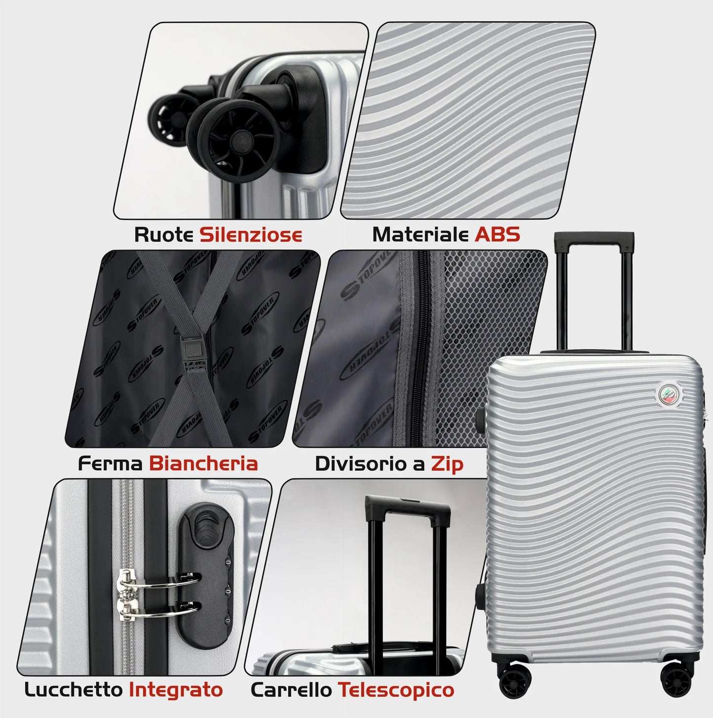 Interno foderato del set trolley rigidi Stopover con divisorio con zip, elastici per abbigliamento e tasca per accessori.