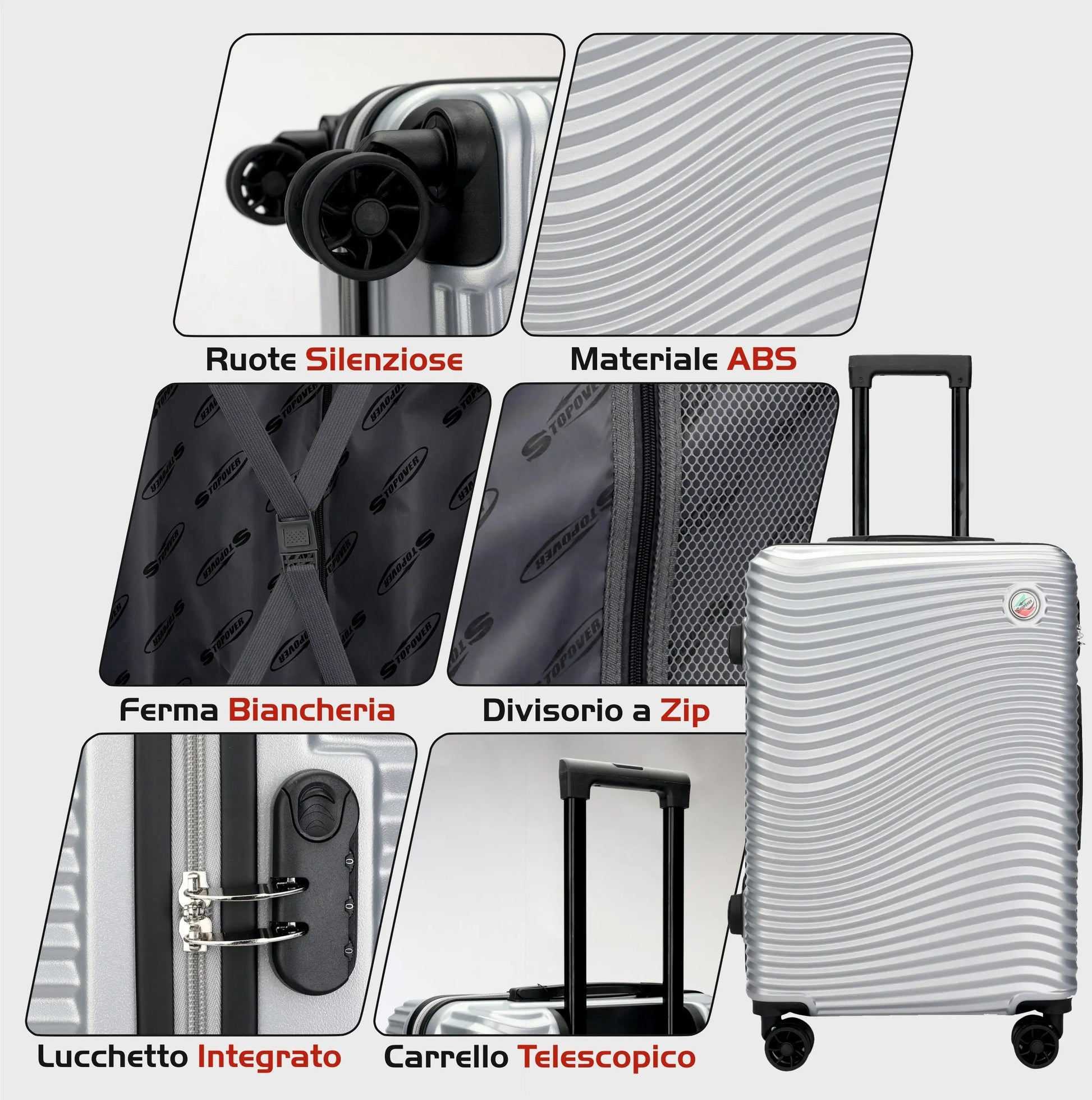 Interno foderato del set trolley rigidi Stopover con divisorio con zip, elastici per abbigliamento e tasca per accessori.