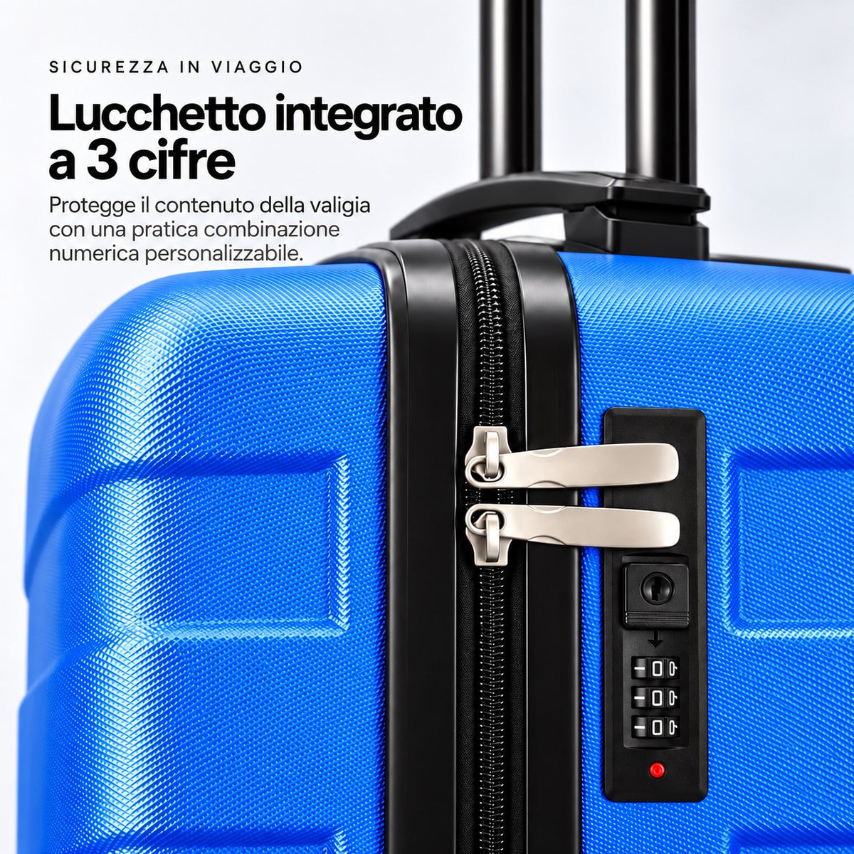 Primo piano del lucchetto integrato a 3 cifre con chiusura delle zip sul trolley Duo Urban blu
