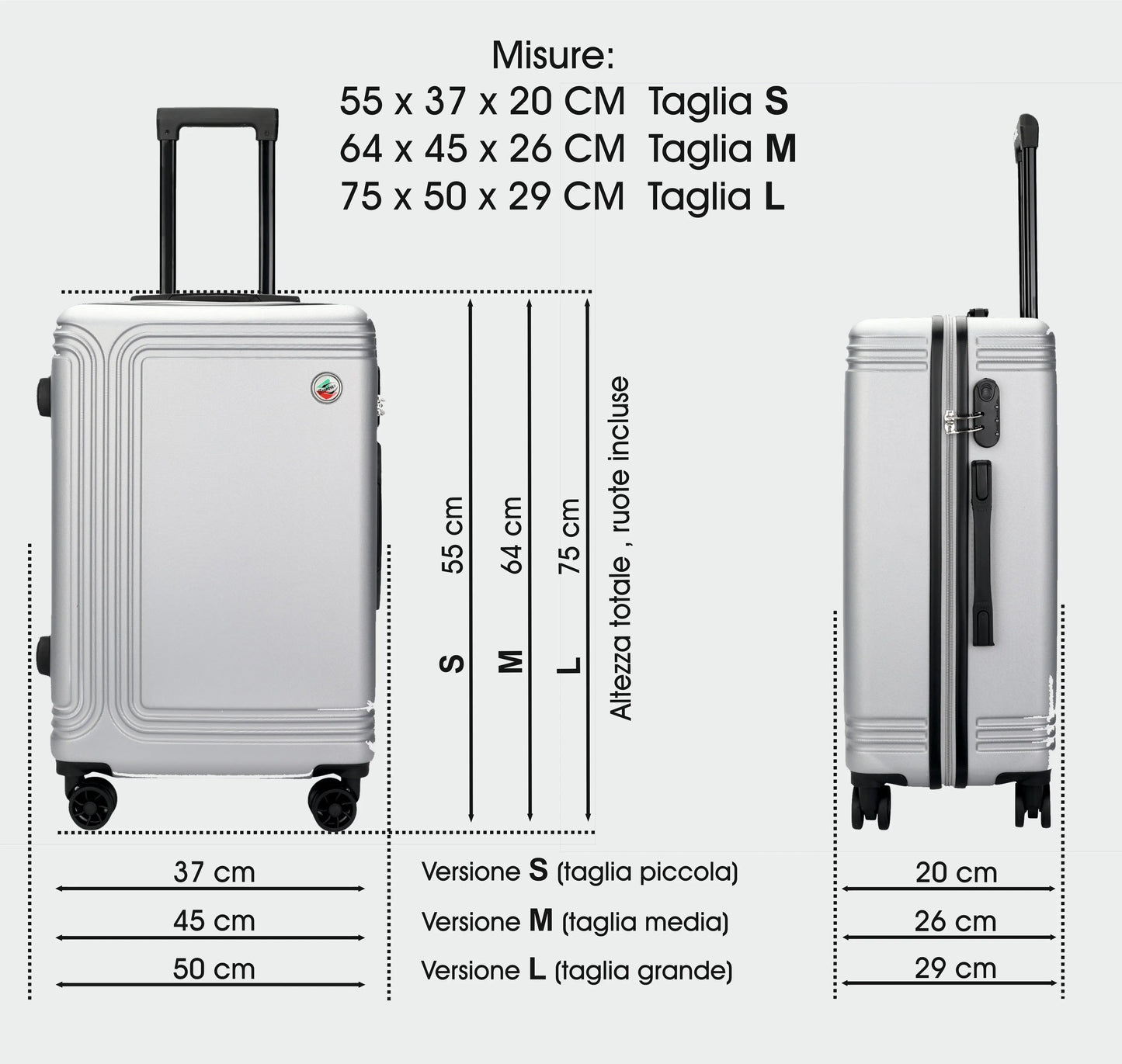 Set trolley ABS Stopover formato da valigie da 75 cm, 65 cm e 55 cm, con chiusura a tripla combinazione e interno organizzato.