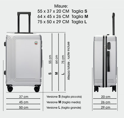 Set trolley ABS Stopover formato da valigie da 75 cm, 65 cm e 55 cm, con chiusura a tripla combinazione e interno organizzato.
