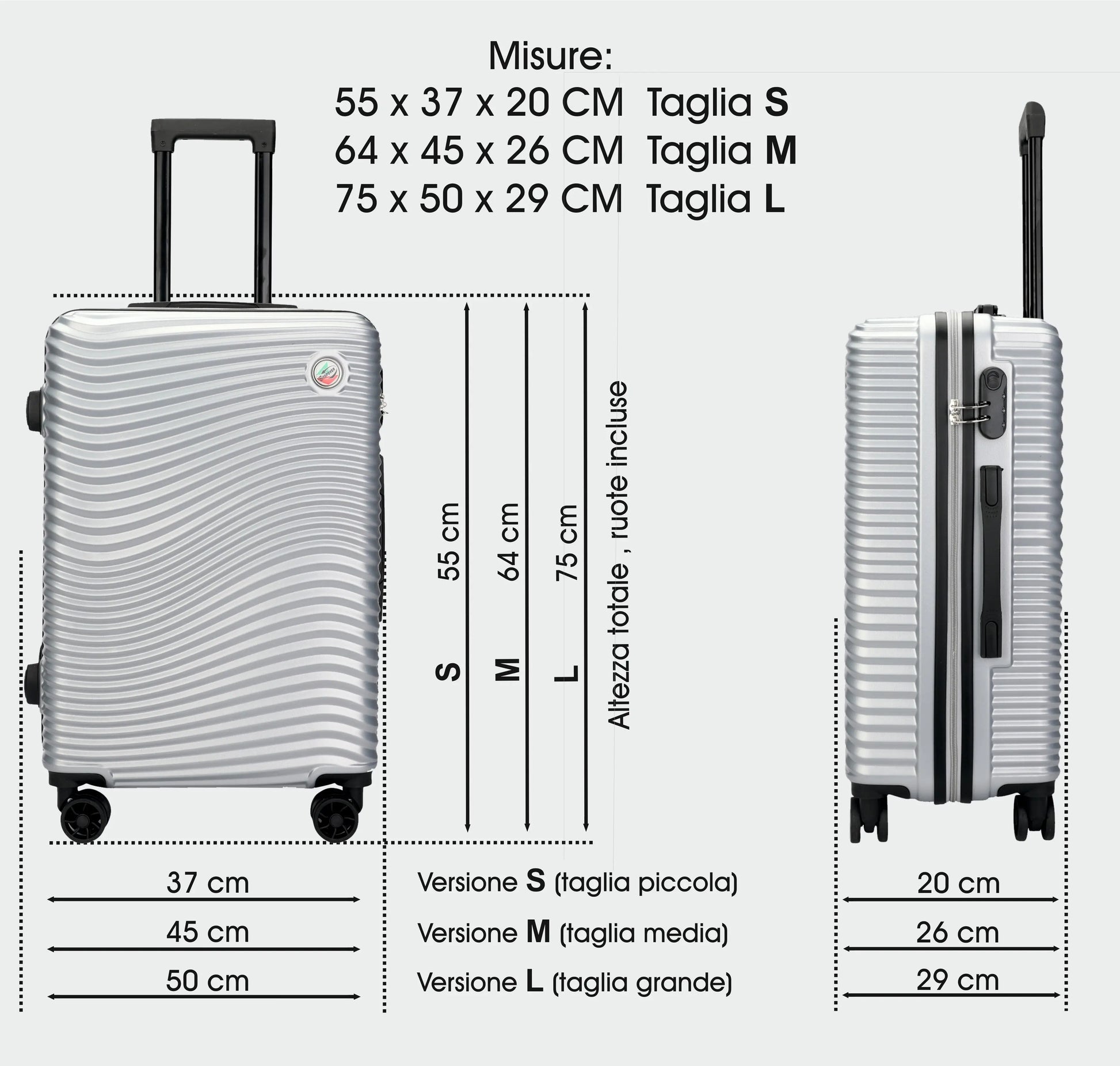 Set trolley rigidi Stopover con scocca ABS lucida, 4 ruote silent girevoli, maniglie ergonomiche e chiusura a combinazione incassata.