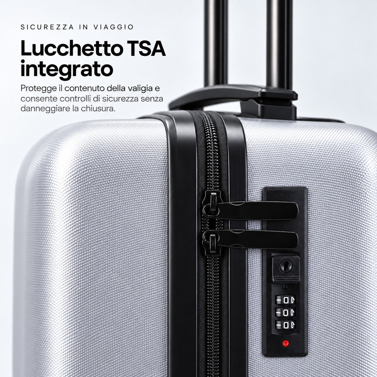 Dettaglio del lucchetto a combinazione a 3 cifre integrato nel trolley cabina Stopover Cloud argento in ABS