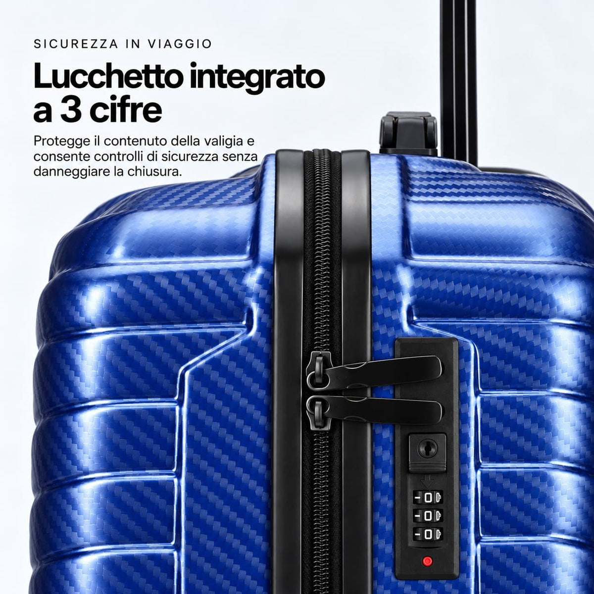 Primo piano del lucchetto integrato a combinazione di 3 cifre del trolley cabina Voyager Stopover blu, con cursori della cerniera bloccabili