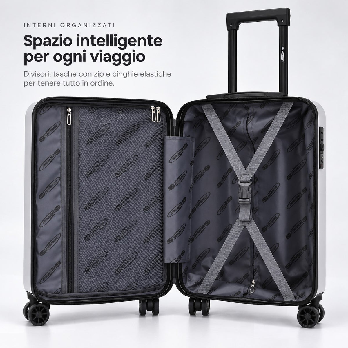 Interno del trolley cabina Stopover Cloud argento aperto, con divisorio in rete con zip, due scomparti e cinghie elastiche fermabiti