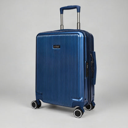 Trolley cabina Elegance blu navy visto a tre quarti, con manico telescopico e ruote girevoli