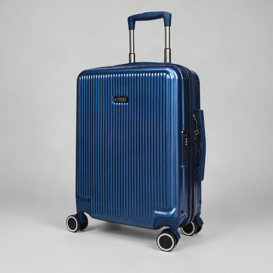 Trolley cabina Elegance blu navy visto a tre quarti, con manico telescopico e ruote girevoli