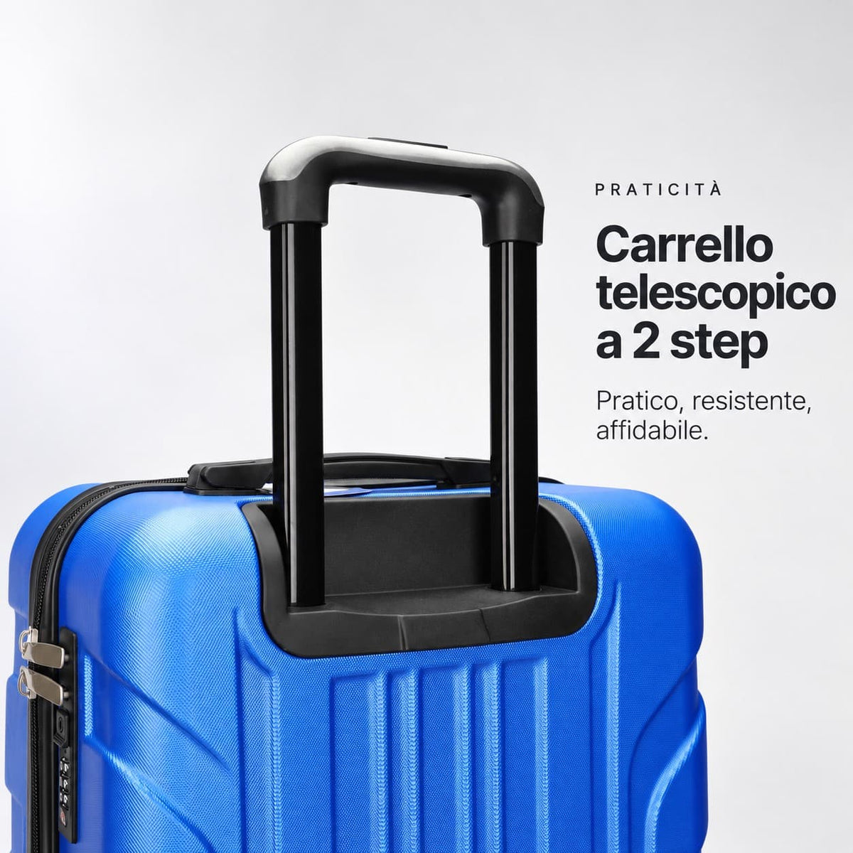 Dettaglio del manico telescopico a 2 step estratto dal trolley rigido Duo Urban blu in ABS
