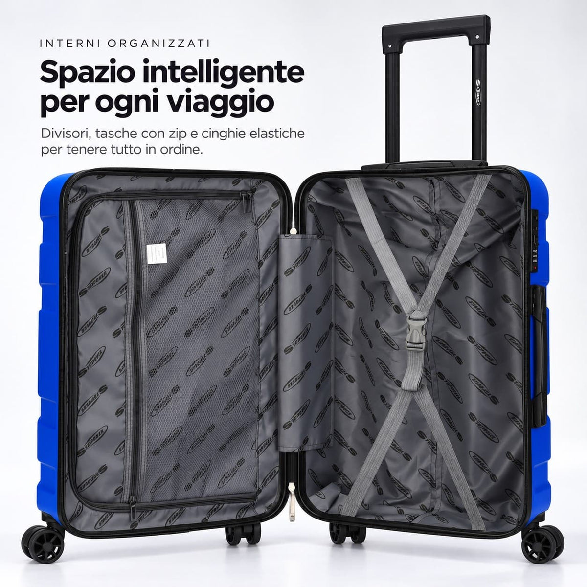 Interno del trolley Duo Urban blu aperto, con divisorio a zip, tasca in rete e cinghie elastiche fermabiti