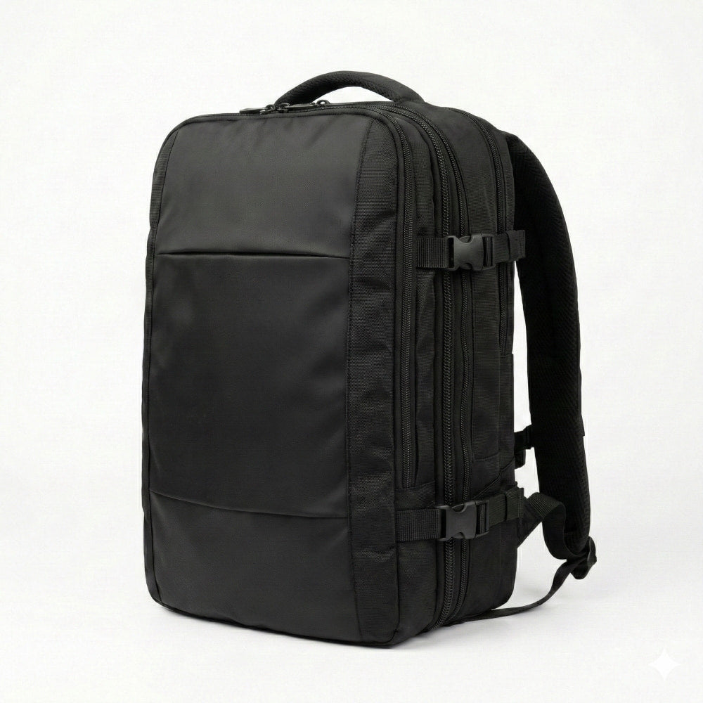 Zaino da viaggio ergonomico di dimensioni 44x31x23 cm. Realizzato in resistente poliestere 900D idrorepellente, ideale come bagaglio a mano e compatibile con voli Ryanair Priority ed EasyJet.