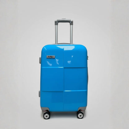 Bagaglio a mano blu con 4 ruote piroettanti e maniglia telescopica in alluminio.