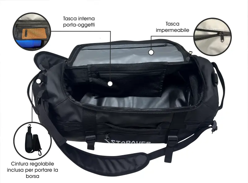 Borsone da uomo con tracolla convertibile, ideale per viaggi e palestra, vista interna.