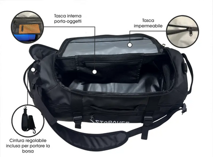 Borsone da uomo con tracolla convertibile, ideale per viaggi e palestra, vista interna.