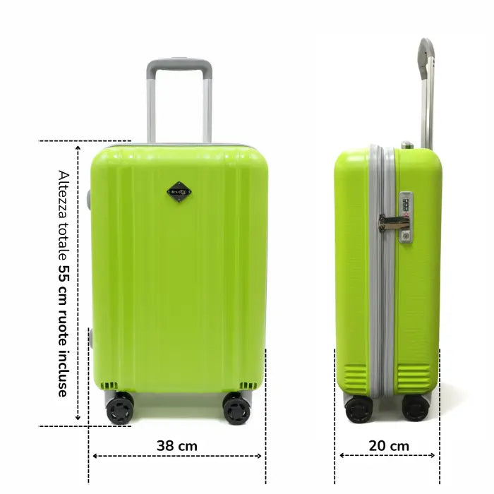 Infografica delle dimensioni 55x38x20 cm del trolley cabina in polipropilene.