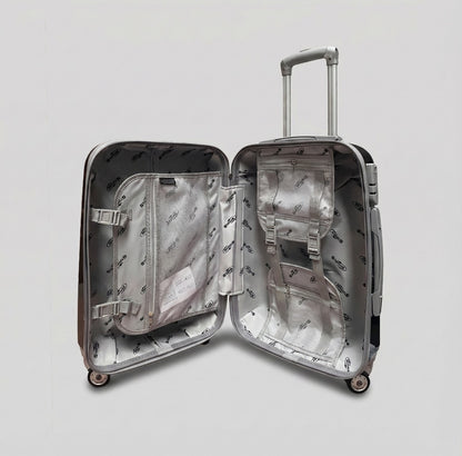 Interno organizzato del trolley nero con capacità 36 litri e carrello in alluminio resistente.