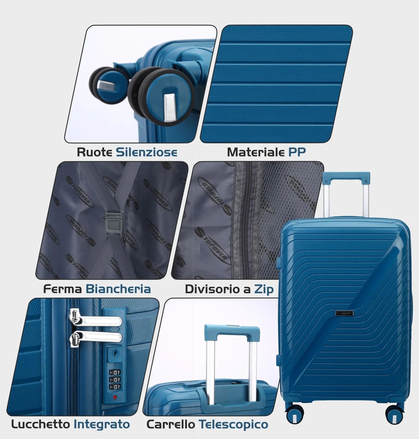 Dettaglio trolley ABS Stopover con ruote a 360 gradi manico telescopico interno foderato con elastico ferma biancheria e divisorio con zip