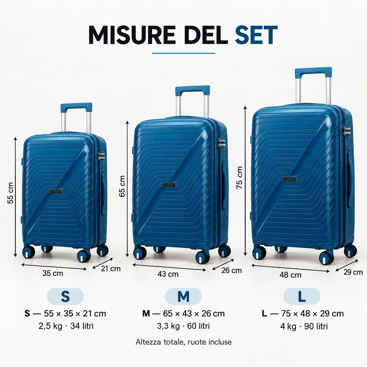 Misure set 3 trolley rigidi S M L con dimensioni peso e capacità