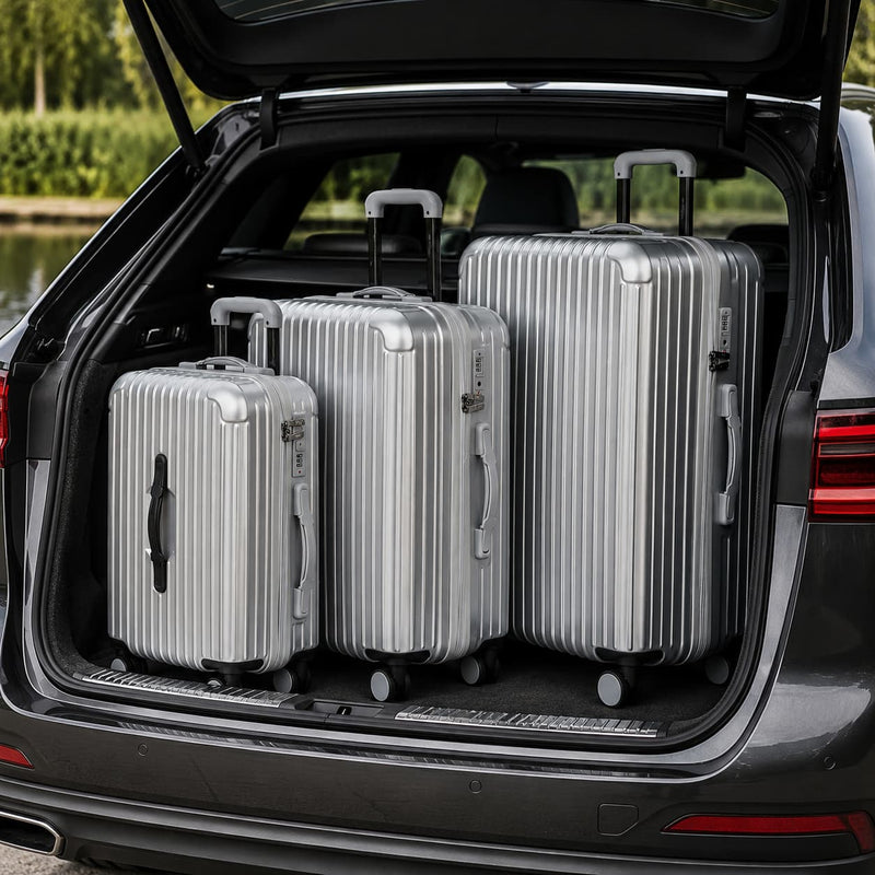 Set di 3 trolley da viaggio rigidi grigi (cabina, medio, grande) con supporto porta bottiglia integrato