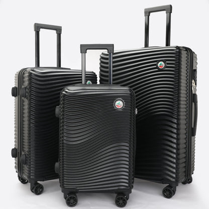 Set 3 trolley rigidi in ABS lucido visti frontalmente, eleganti e resistenti