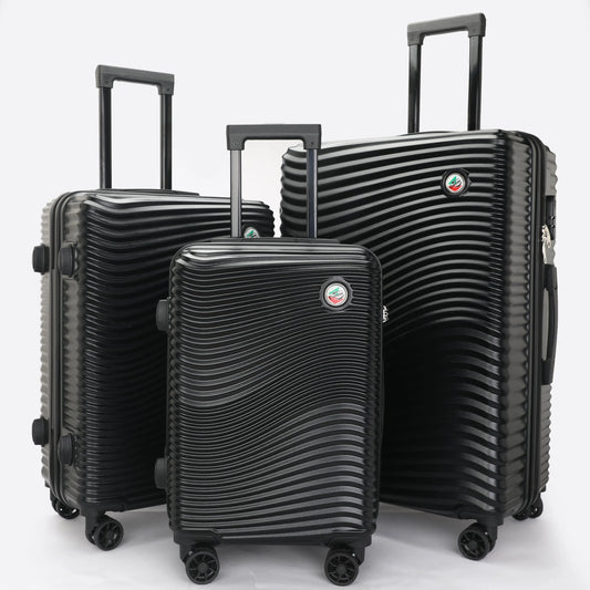 Set 3 trolley rigidi in ABS lucido visti frontalmente, eleganti e resistenti