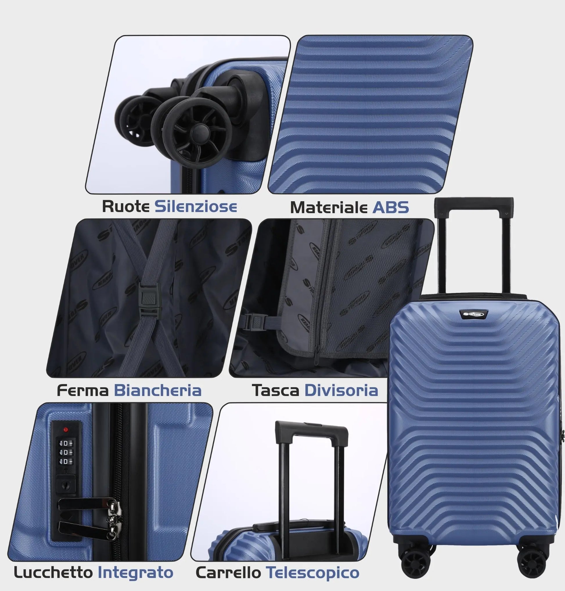 Interno trolley cabina Stopover blu, completo di divisorio con tasca e elastico ferma biancheria, soluzione organizzata e protetta per oggetti personali e abbigliamento