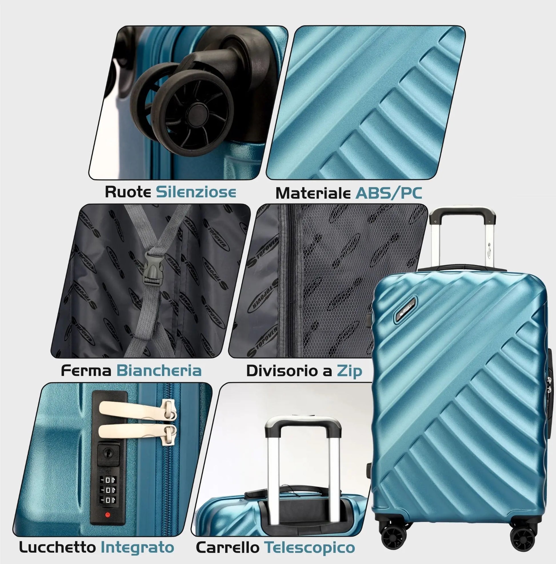 Interno trolley rigido Stopover in ABS+PC, divisorio con zip, tasca richiudibile e ferma biancheria, mostra organizzazione e protezione per abbigliamento e accessori.