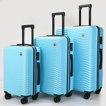 Vista frontale dei trolley ABS Stopover che mostra il design elegante nelle tre misure colore azzuro