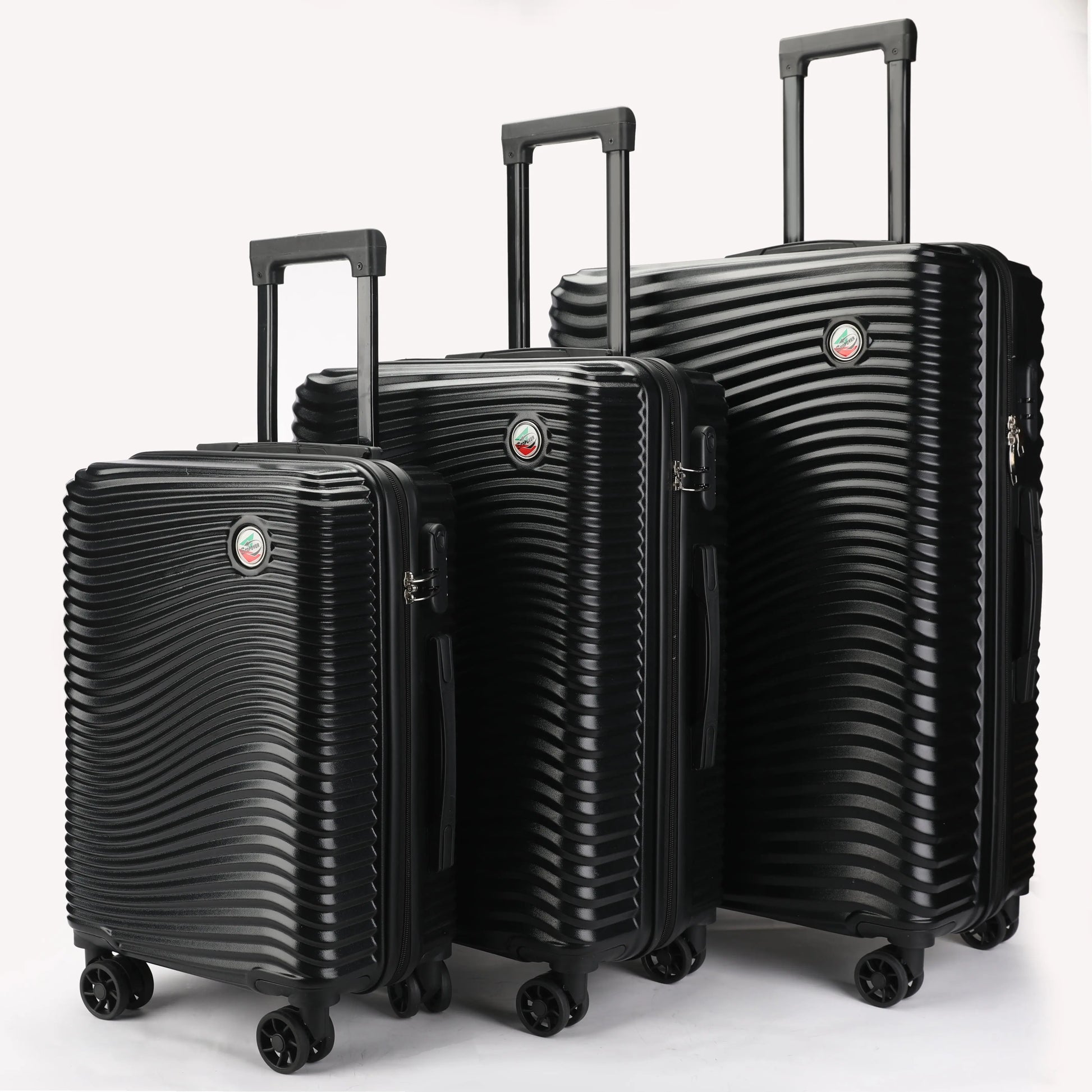 Vista frontale dei trolley ABS Stopover che mostra il design elegante nelle tre misure colore nero