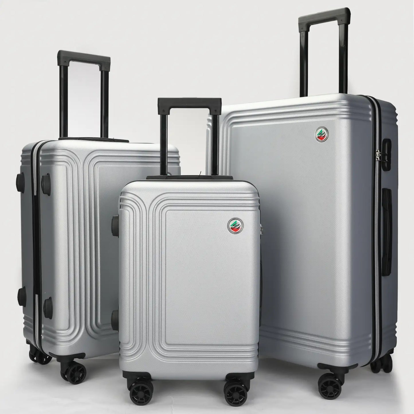 Vista frontale dei trolley ABS Stopover che mostra il design elegante nelle tre misure
