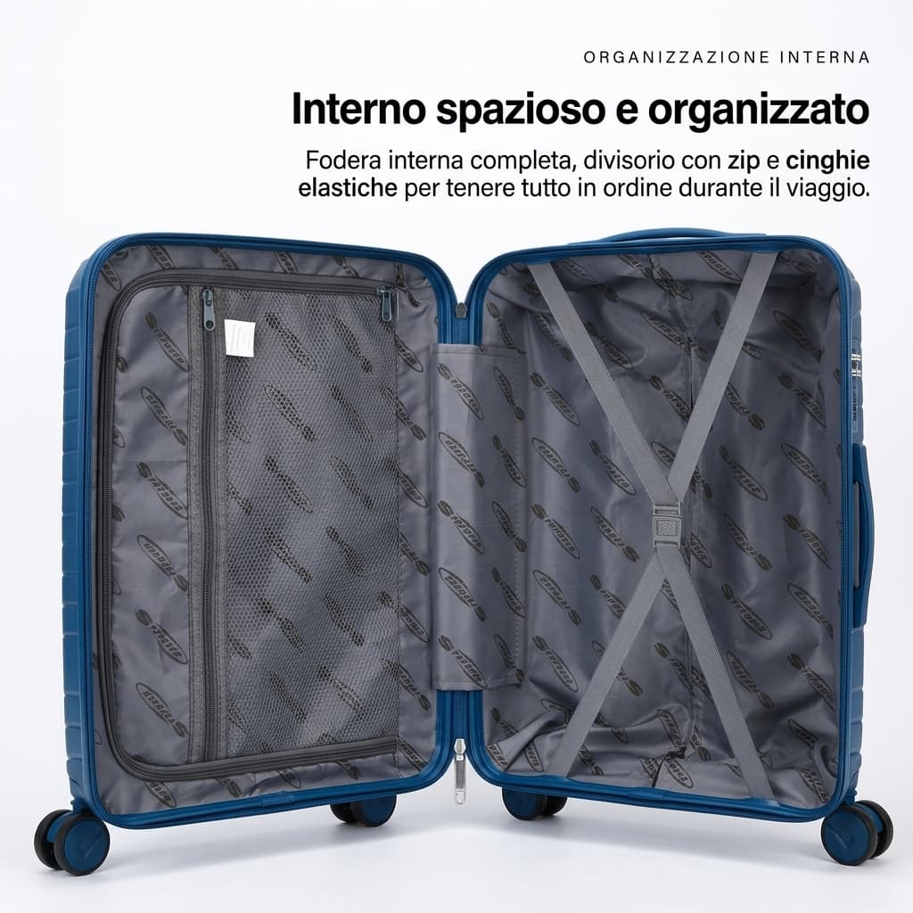 Interno organizzato del set trolley con divisorio zip e cinghie elastiche fermabiti