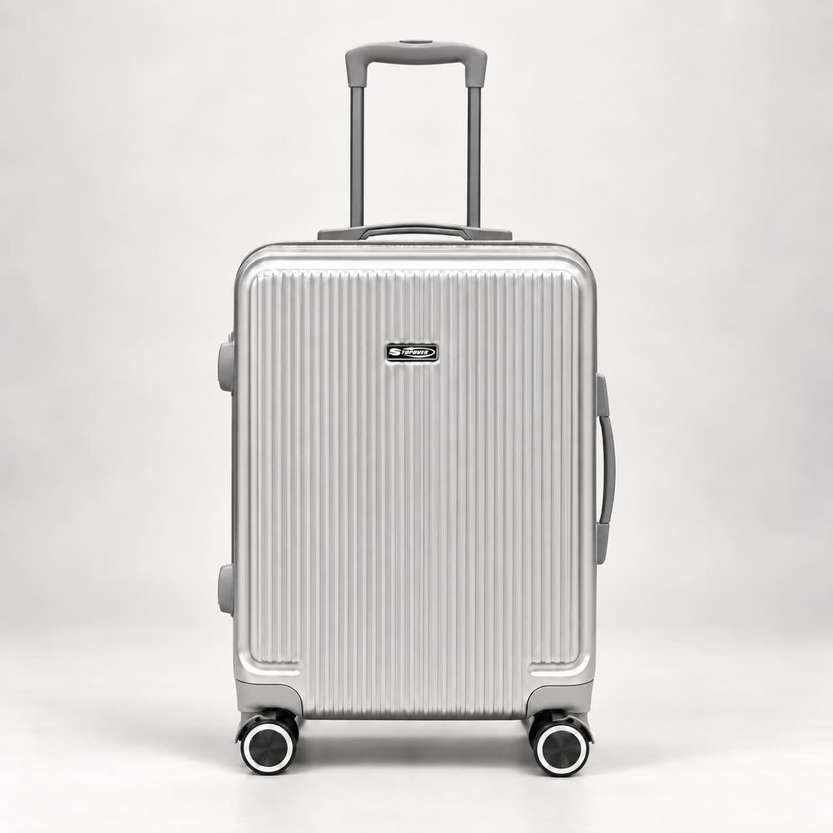 Trolley cabina Elegance argento 55 × 40 × 20 cm visto frontalmente, con manico telescopico e quattro ruote