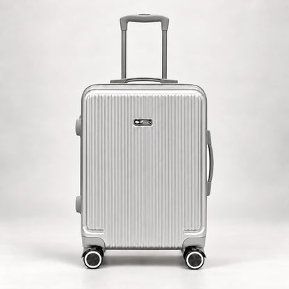 Trolley cabina Elegance argento 55 × 40 × 20 cm visto frontalmente, con manico telescopico e quattro ruote