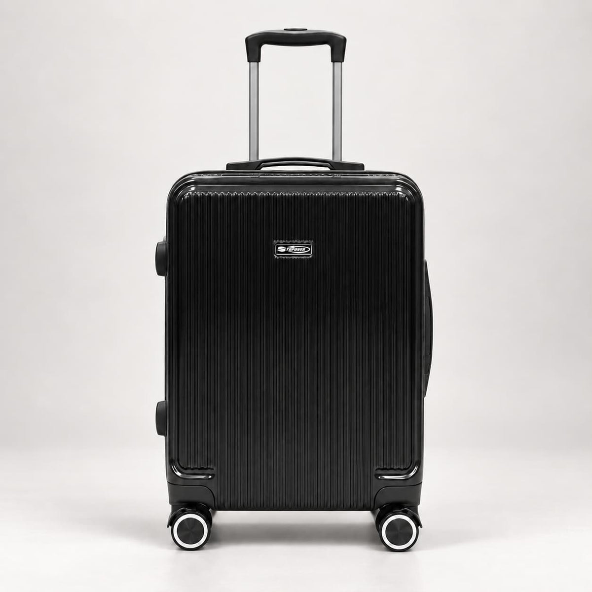 Trolley cabina Elegance nero visto frontalmente, con manico telescopico e quattro ruote