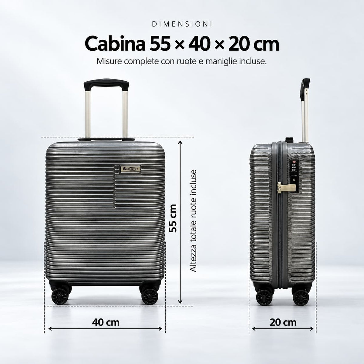 Trolley cabina Urbanite Stopover 55x40x20 cm con dimensioni complete, ruote e maniglie incluse