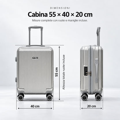 Trolley cabina Elegance argento con misure esterne illustrate: 55 × 40 × 20 cm, ruote e maniglie incluse