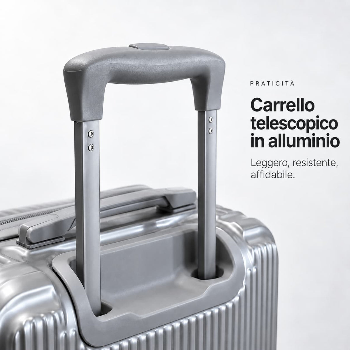 Dettaglio del carrello telescopico in alluminio del trolley cabina Elegance argento