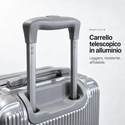 Dettaglio del carrello telescopico in alluminio del trolley cabina Elegance argento