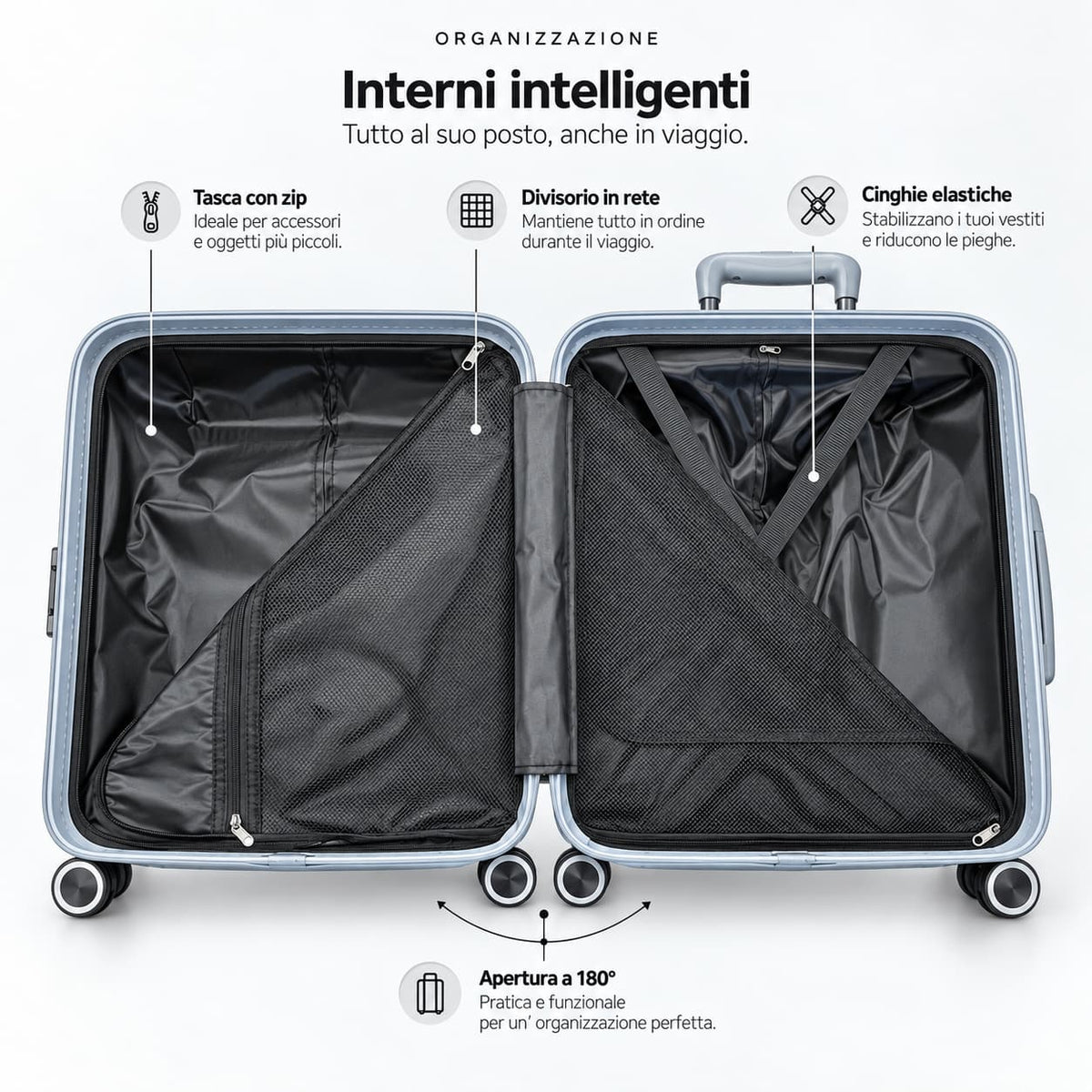 Interno del trolley Elegance aperto a 180°, con tasca con zip, divisorio in rete e cinghie elastiche