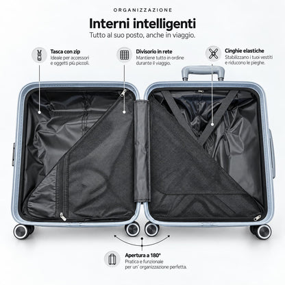 Interno del trolley Elegance aperto a 180°, con tasca con zip, divisorio in rete e cinghie elastiche