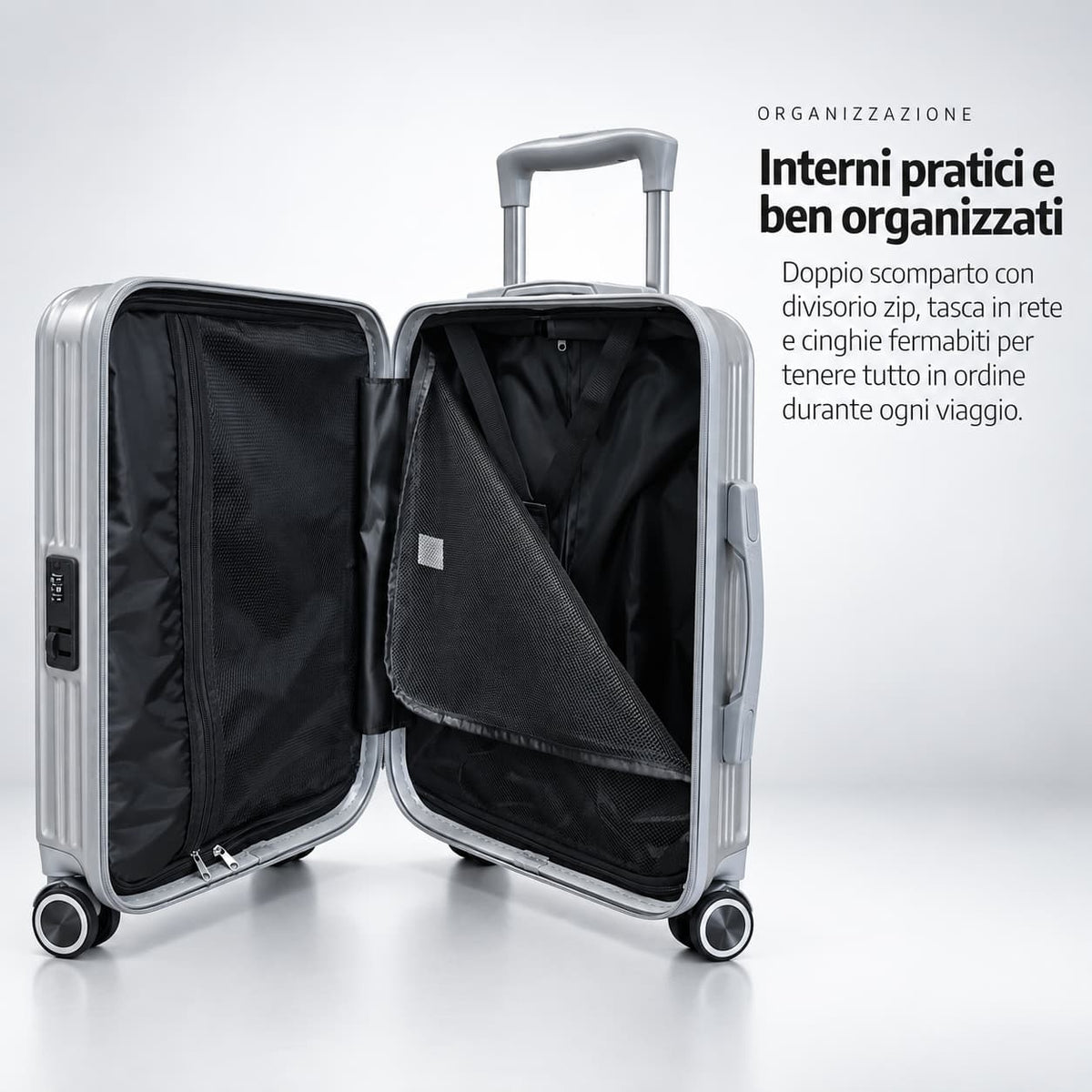 Trolley Elegance argento aperto, con doppio scomparto, divisorio con zip e cinghie elastiche